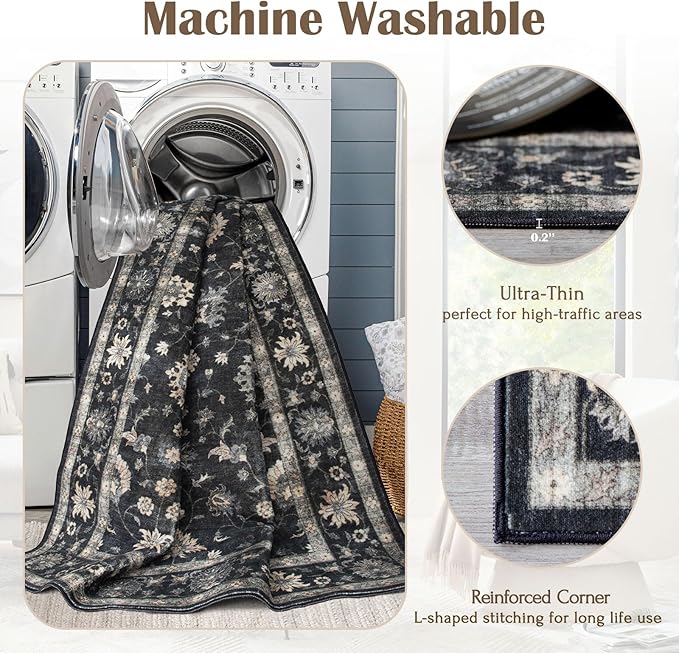 3x5 Washable Area Rug - Small Entryway Rug Non-Slip Charcoal Black Vintage Traditional Floral Kitchen Rugs Low Pile Boho Entry Carpet Throw Rugs for Living Room Bedroom Bathroom Entrance Office