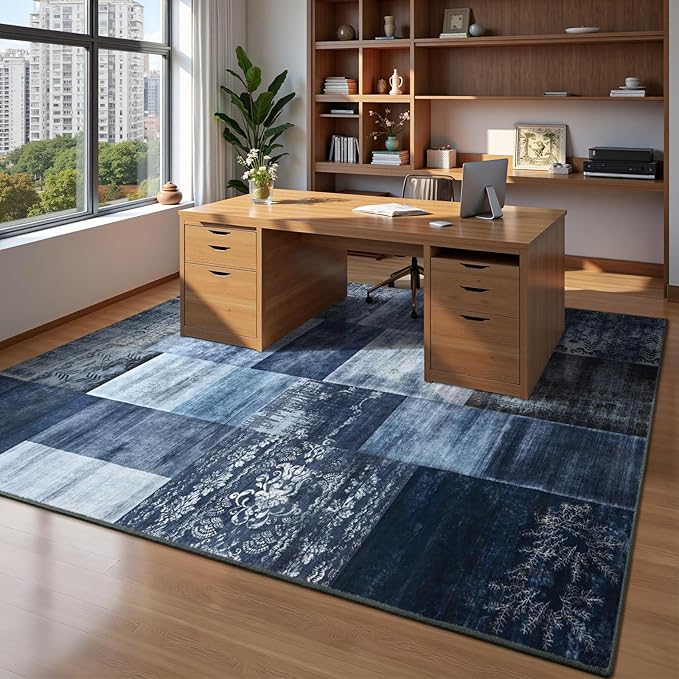 DweIke Washable Area Rugs for Living Room, 5x7 Soft Bedroom Rugs, Geometric Print Non-Slip Modern Rug, Stain Resistant Throw Carpets for Office Nursery Dining Room Home Dorm Decor, Navy Blue