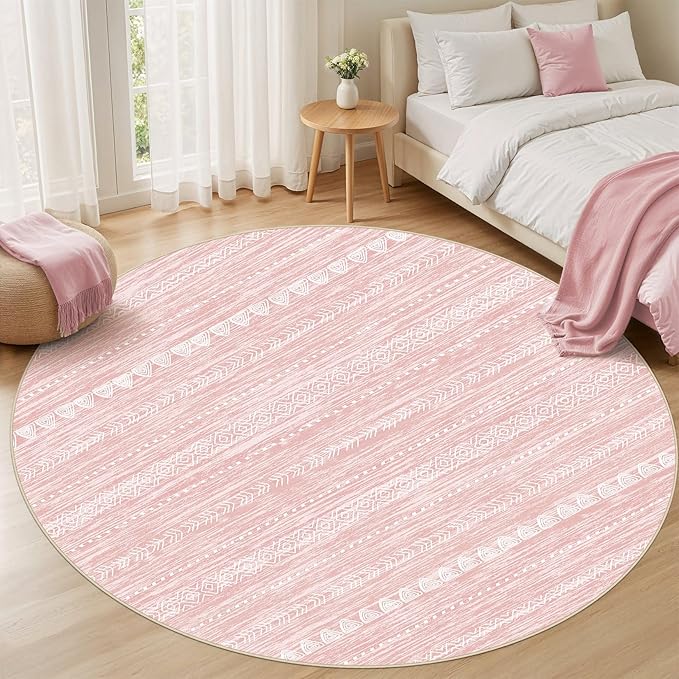 Nakagishi Round Rug Kitchen Washable Rugs: 5x5 Non-Slip Boho Soft Modern Stain Resistant Indoor Floor Neutral Farmhouse Throw Carpet for Hallway Bathroom Laundry Room Entryway Bedroom- Pink