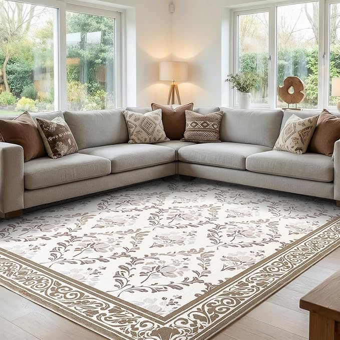 SOULFUL Medium Pile 8x10 Rugs for Living Room - Soft Underfoot Large Area Rug - Brown Boho Floral - Washable Non-Slip - Perfect for Bedroom Kids Room Under Dining Table Office