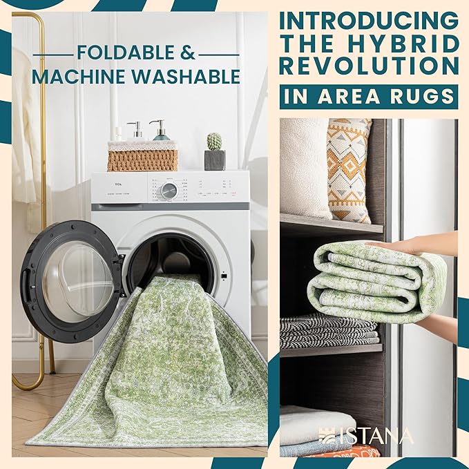 Istana 2x3 Area Rug - Light Green Boho Rugs for Living Room 2x3 - Foldable Small Rugs for Bedroom - Stain Resistant Washable Rug Non Slip - Eco-Friendly Area Rugs Indoor