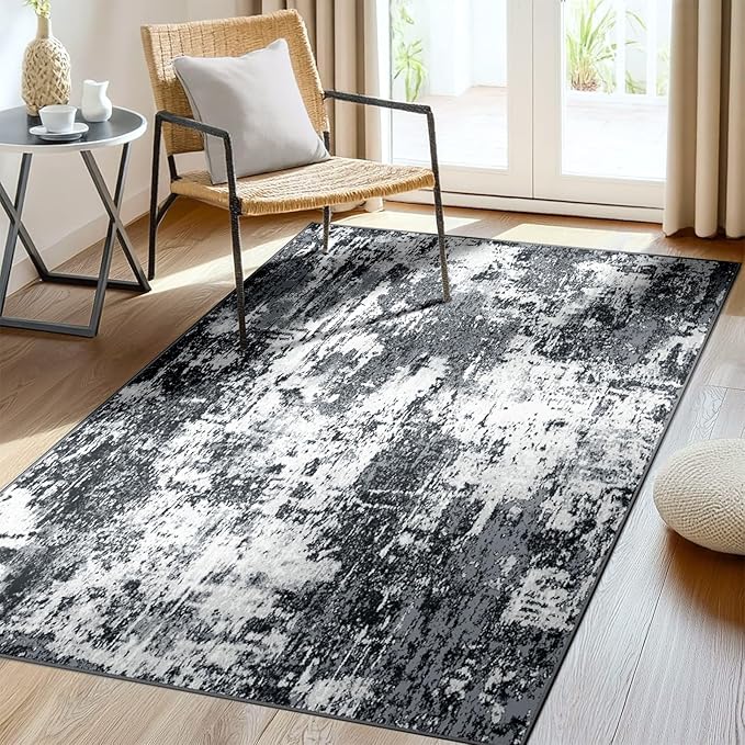 Washable Area Rugs 4'x5' Non-Slip Modern Abstract Soft for Living Room Entryway Bedroom Nursery, Print Pattern, Black Gray