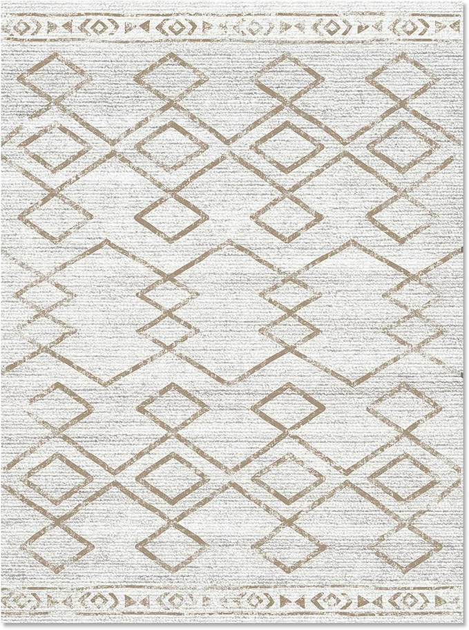 jinchan 3x5 Area Rugs for Entryway - Machine Washable Modern Rug Kitchen Soft Faux Wool Stain Resistant Non-Slip Ultra-Thin Low-Pile Geometric Carpet for Entrance Bedroom Living Room (3x5ft, Taupe)