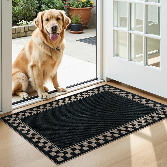 OJIA Easy Jute Kitchen Rug, 2x3 Black Indoor Door Mat Checkered Washable Area Rug Non-Slip Farmhouse Modern Outdoor Doormat Front Door Mat Indoor Entrance Throw Rugs for Entryway Doorway Bathroom