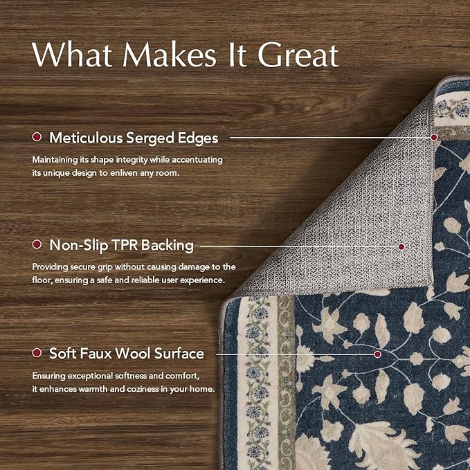 EVERGRACE Area Rugs for Living Room 5x7, Boho Floral Faux Wool Indoor Outdoor Rugs, Washable Rugs for Bedroom Dining Room Entryway Kitchen, Low Pile Floor Mat Carpet for Home Decor, Navy Blue