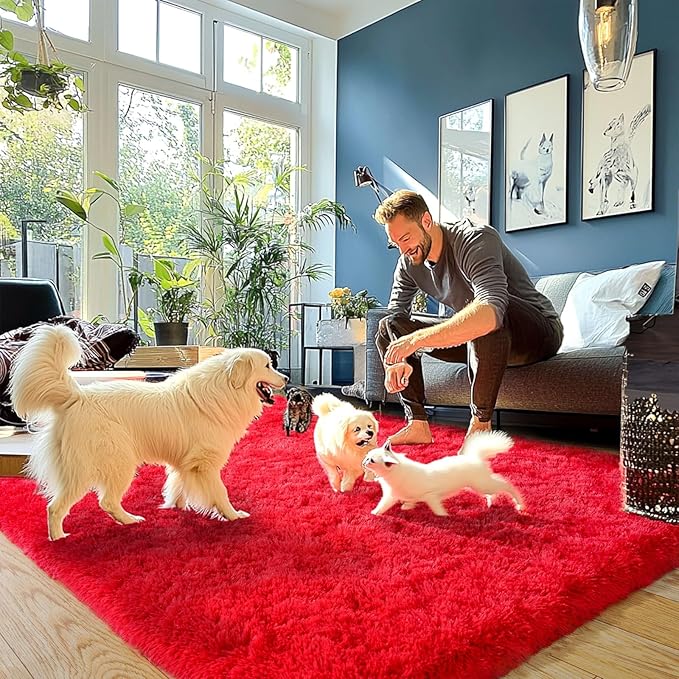 Red Fluffy Rug Plush Carpet for Bedroom Dorm, Non-Slip High Pile Rug, Shag Rug for Playroom Nursery Home Office Decor 8X10 Ft
