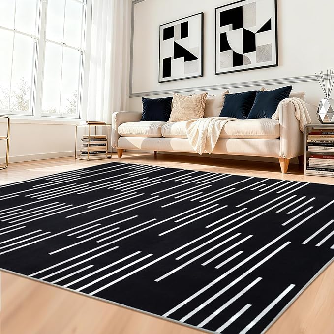 YIHOUSE Abstract Washable Rug 8x10,Ultra Thin Non Slip Black Rugs for Living Room,Modern Minimalist White Stripe Rugs for Bedroom,Dining Room Office Playroom (8'x10',Black-3)