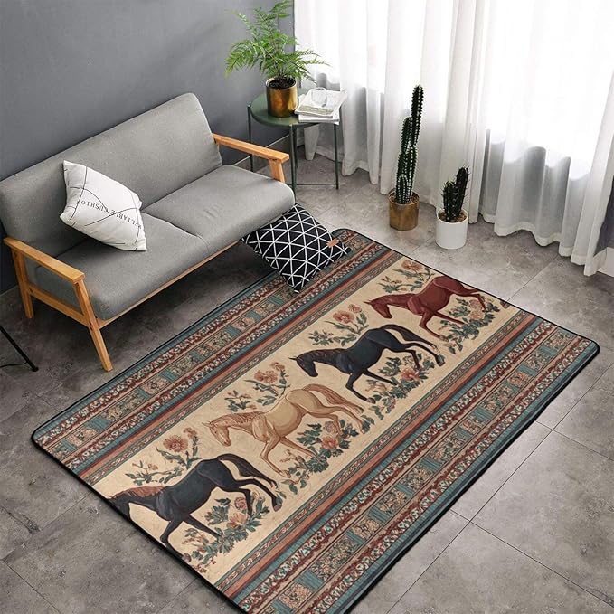 Horse Western Boho Ethnic Style Area Rug Washable Outdoor Rugs Anti-Slip Soft Carpet Entryway Indoor Door Mat for Bedroom,Living Room,Porch,Terrace and Entrance Decor 6'x 4'