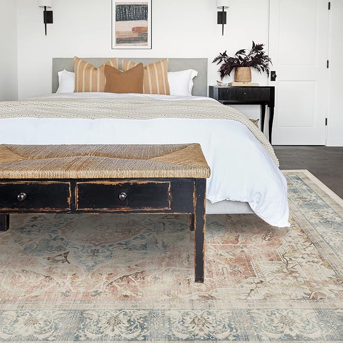 RUGGABLE Washable Vintage Area Rug – Sarrah Coral 9x12, Stain-Resistant, Non-Slip – Large Machine Washable Rugs for Living Room, Bedroom, Hallway, Entryway & Office–with Standard Pad