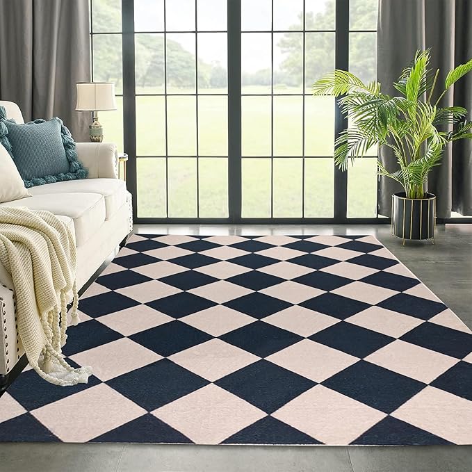 Checkered Area Rug 5x7 Black Washable Living Rugs Non-Slip Modern Ultra Soft Neutral Low Pile Diamond Carpet for Office Dining Room Playroom Kids Room