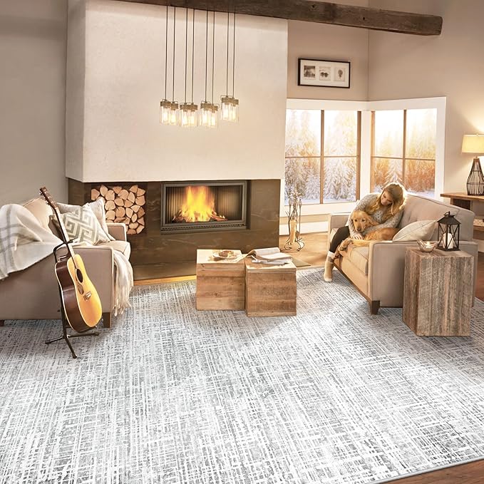 8x10 Area Rugs for Living Room, Washable Large Area Rug Neutral Modern Abstract Bedroom Rug Soft Non Slip Low Pile Stain Resistant Indoor Carpet for Nursery Kids Dining Room Office(Grey, 8'x10')