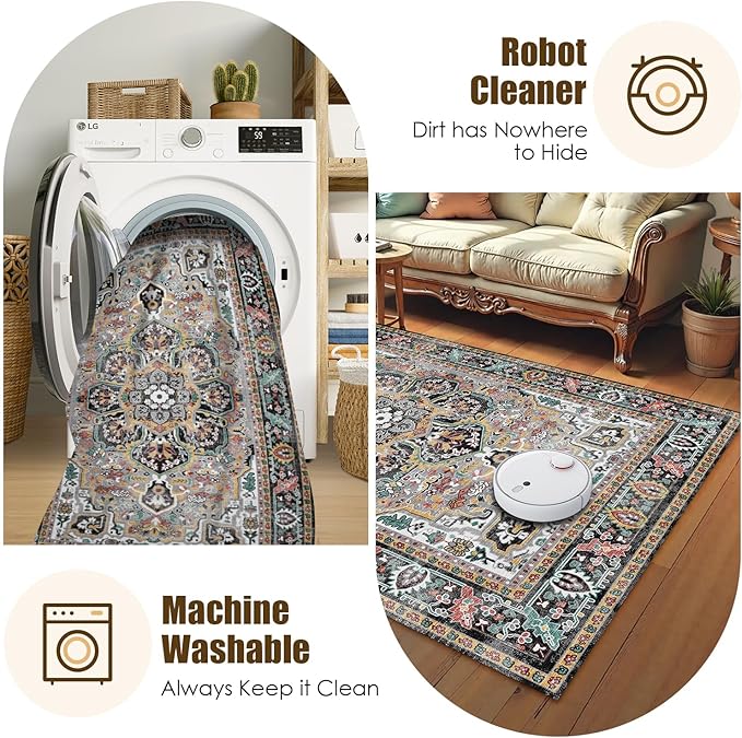 Washable Area Rug 3' x 5 ' Vintage Traditional Persian Mat - Foldable Distressed Non-Slip Machine Washable Carpet for Living Room Bedroom Kitchen Home Decor - Slate and Multicolor