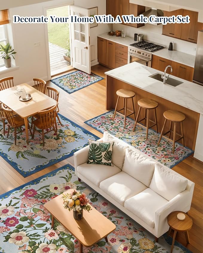 Floral Rug for Living Room - 4x6 Washable Area Rugs Non-Slip Soft Low-Pile Stain Resistant Carpet Unique Flower Print Vintage Indoor Rug for Bedroom Dining Room Office Nursery Room, Blue