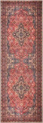 Bloom Rugs Washable Non-Slip 12 ft Runner - Red/Teal Blue/Yellow Traditional Medallion Runner for Entryway, Hallway, Bathroom, and Kitchen - Exact Size: 2.5' x 12'