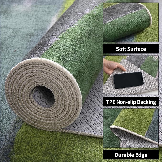 Ciicool Modern Abstract Green Rug for Living Room, 9'x12' Machine Washable Area Rug Non-Slip Rug, Low-Pile Contemporary Indoor Dining Floor Carpet for Bedroom Office Under Table Home Decor
