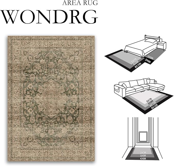 2x5 Washable Vintage Runner Rug Green Brown Hallway Kitchen Carpet Non-Slip Soft Low Pile Distressed Throw Rug for Bedroom Bathroom Laundry Living Room