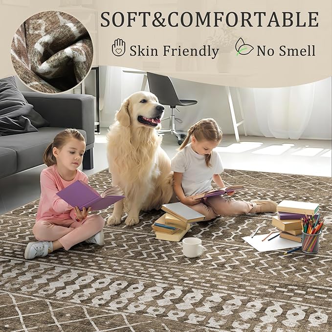 2x3 Machine Washable Area Rug for Entryway, Brown Vintage Moroccan Rug Non-Slip Low Pile Soft Faux Wool Small Carpet, Kids and Pets Friendly for Bedroom Kitchen Hallway Bedside Home Decor Rug