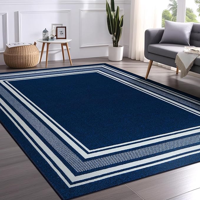 Beverly Rug Non Slip Area Rugs 3x3 Modern Bordered Non Skid Rubber Backing Soft Area Rug for Living Dining Room Easy to Clean Non Shedding Kitchen Bedroom Indoor Carpet 3 x 3 Navy