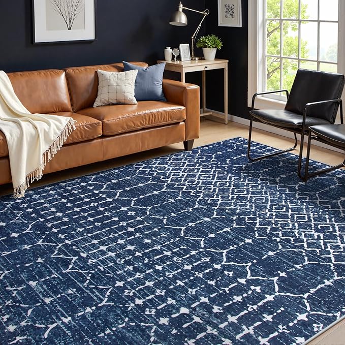 Lahome Moroccan Blue Rugs for Living Room Washable Rugs 8x10 Non-Slip Ultra-Thin Extra Large Area Rug Throw Stain Resistant Rug for Dining Room Table, Geometric Print Modren Rug for Bedroom Office