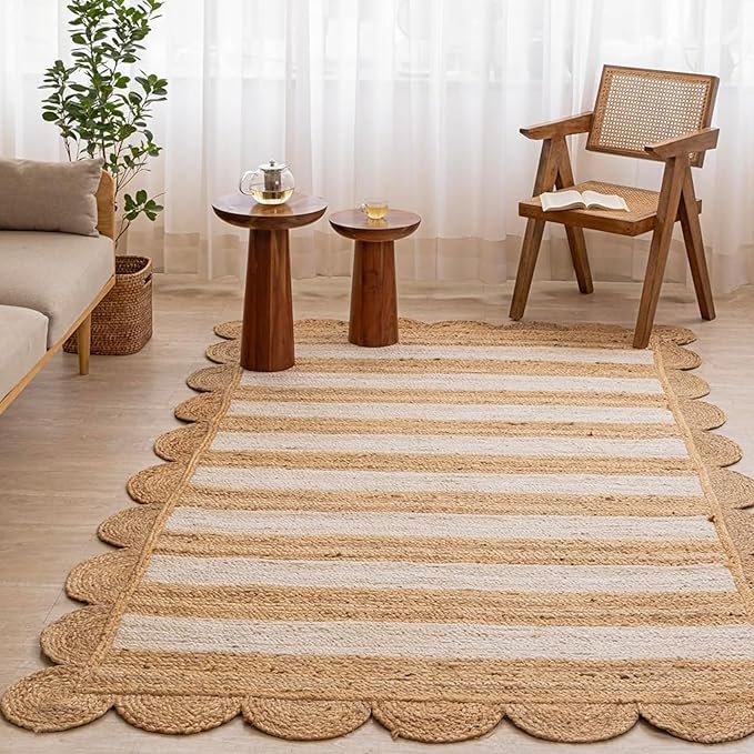 HOMEMONDE Scalloped Jute Area Rug 8'x10' Natural Stripe - Boho Home Décor Farmhouse Style Eco-Friendly Fiber Rug Hand Braided Rustic Vintage for Living Room, Bedroom, Dining Room, Hallway, Kitchen