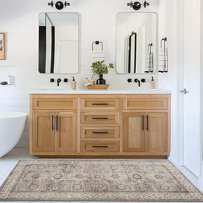 ReaLife Rugs Machine Washable Area Rug - Living Room Bedroom Bathroom Kitchen Entryway Office - Padded Low Pile Stain Resistant Premium - Boho Farmhouse Vintage - Paz - Beige Gray Ivory 2'6" x 8'
