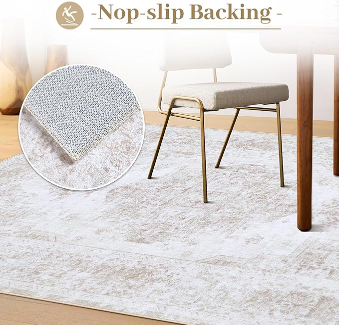 Area Rug 10x12 Living Room Rug, Machine Washable Vintage Distressed Medallion Rug Non-Slip Soft Low Pile Large Indoor Rugs for Bedroom Kitchen Dining Room Office(Beige,10'x12')