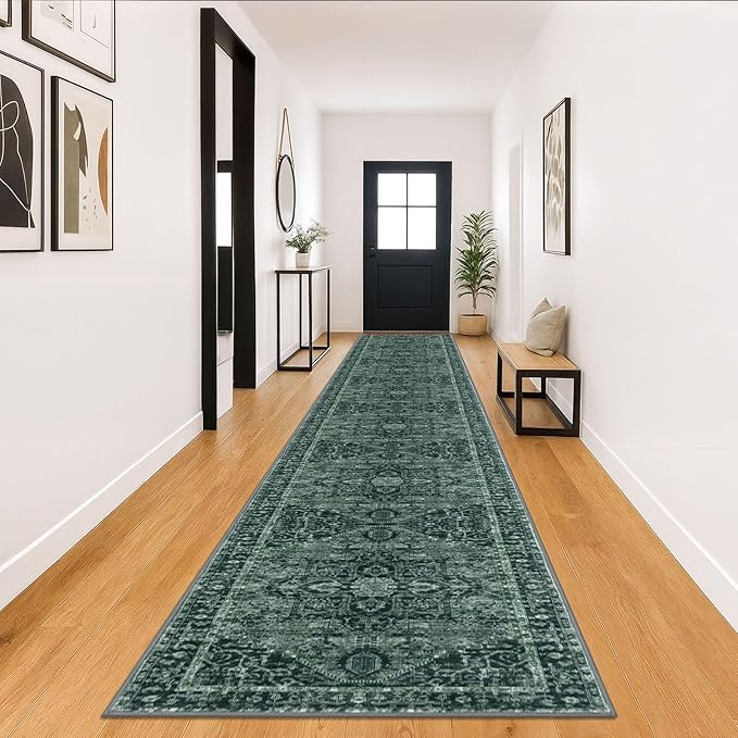 KOZYFLY Runners for Hallways 3x18 Ft Extra Long Washable Faux Wool Thin Runner Rug Printed Stair Carpet for Entryway Bedroom Kitchen Hallway Living Room, Dark Green