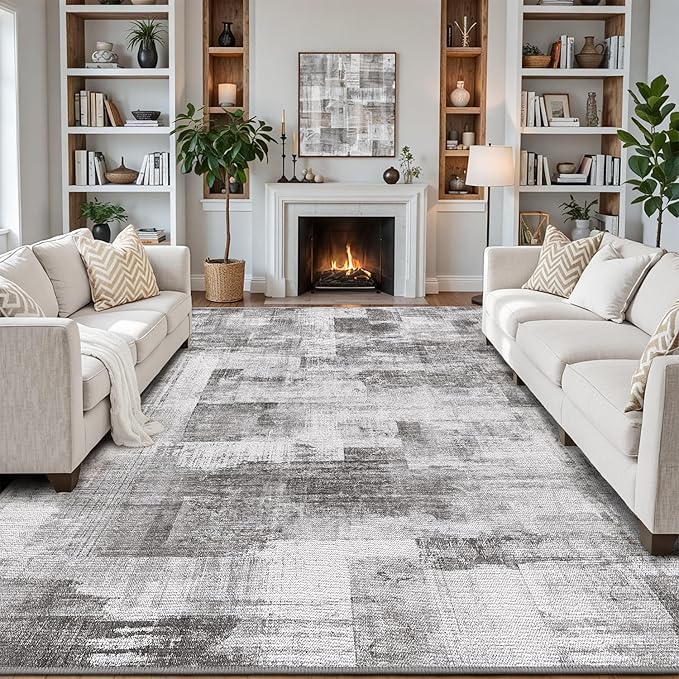 LUMI 8x12 Washable Low-Pile Area Rug for Living Room, Ultra Soft Modern Neutral Grey Rugs Non Slip with Rubber Backing, High Traffic, Stain Resistant Carpets, Ideal for Bedroom, Dining Room