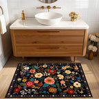Floral 2x3 Area Rug Machine Washable Soft Print Boho Carpet Non Slip Doormat Low Pile Flower Area Rugs for Living Room Bedroom Nursery Kitchen Dining Room Indoor-Black