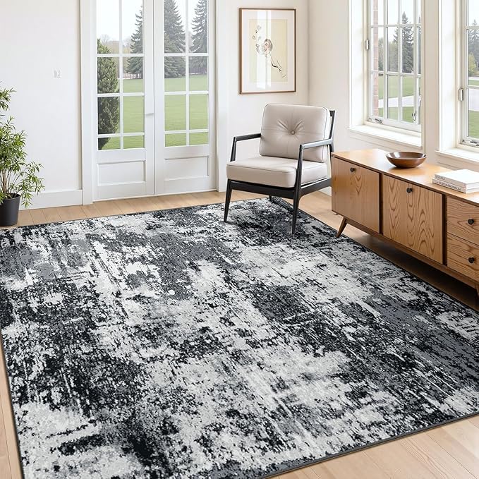 Washable Area Rugs 5'x8' Non-Slip Modern Abstract Soft for Living Room Entryway Bedroom Nursery, Print Pattern, Black Gray