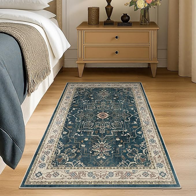 Farmhouse Distressed 3x5 Area Rugs for Entryway Foyer, Washable Non Slip Low Pile Throw Rugs for Kitchen, Vintage Medallion Pinted Carpet for Bedroom/Bathroom/Home Office, Deep Blue/Multi