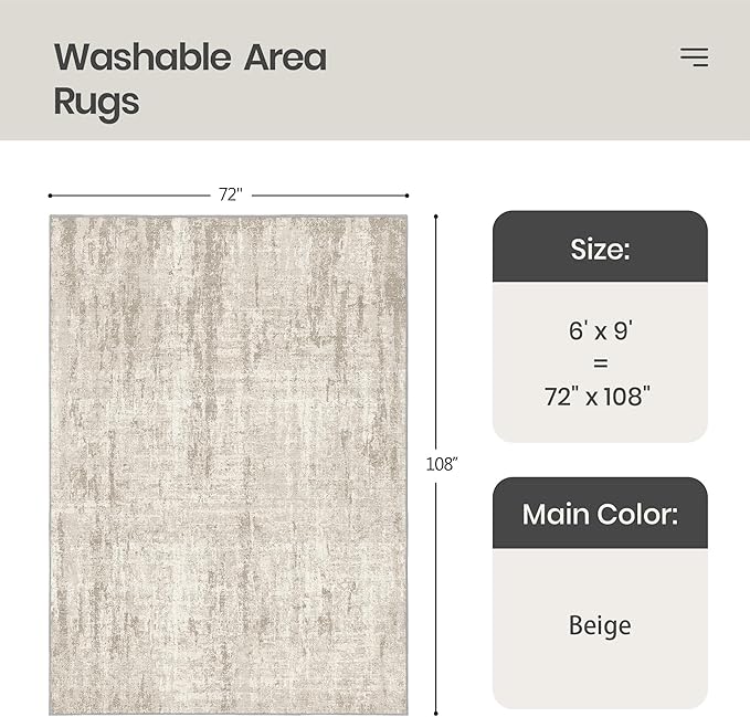 Valenrug Washable Rug 6x9 - Stain Resistant 6x9 Area Rugs for Living Room, Non Slip Backing Printed Rugs for Bedroom, Folable Machine Washable Area Rug(Beige,6'x9')