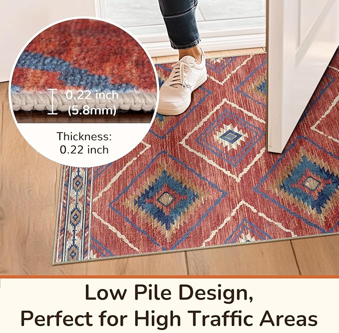 Area Rug 2x3 Rug Machine Washable Non-Slip Low Pile Print Pattern Western Rug for Living Room Bedroom Entryway Tribal Series -Red/Orange