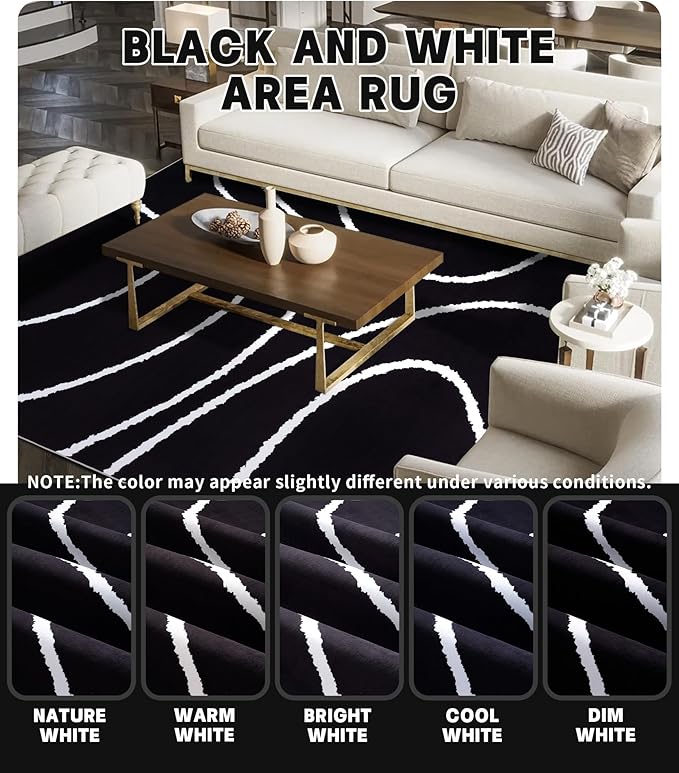YIHOUSE Black Modern Area Rugs 8x10,Large Black and White Rugs for Living Room,Wave Washable Rug 8x10,Thin Abstract Geometric Rug,Minimalist Striped Rugs for Bedroom,Office
