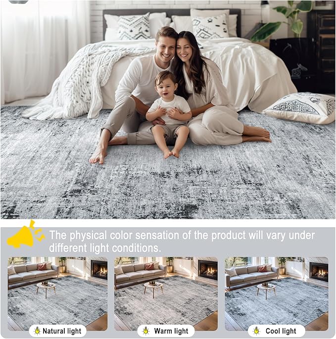 Area Rugs 9x12 Living Room - Washable Rug Modern Abstract Soft Large Neutral Non-Slip Carpet Indoor Floor Thin Carpets for Bedroom Dining Room Farmhouse Nursery Home Office Black