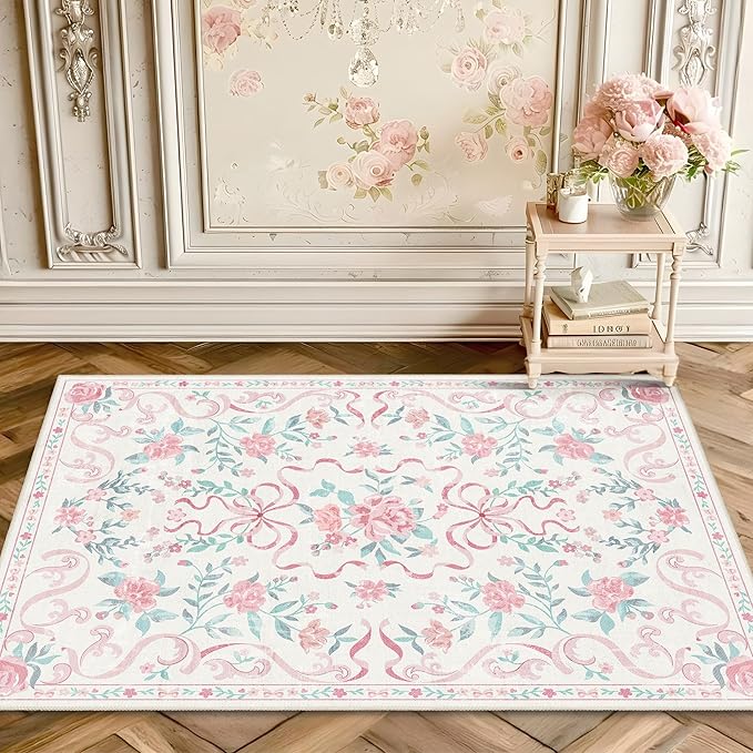 Pink Rug Bow Floral Rugs for Girls, 2x3 Washable Small Area Rug for for Entryway, Kitchen, Front Door Indoor Entrance, Non Slip Carpet for Bathroom Bedroom Living Room