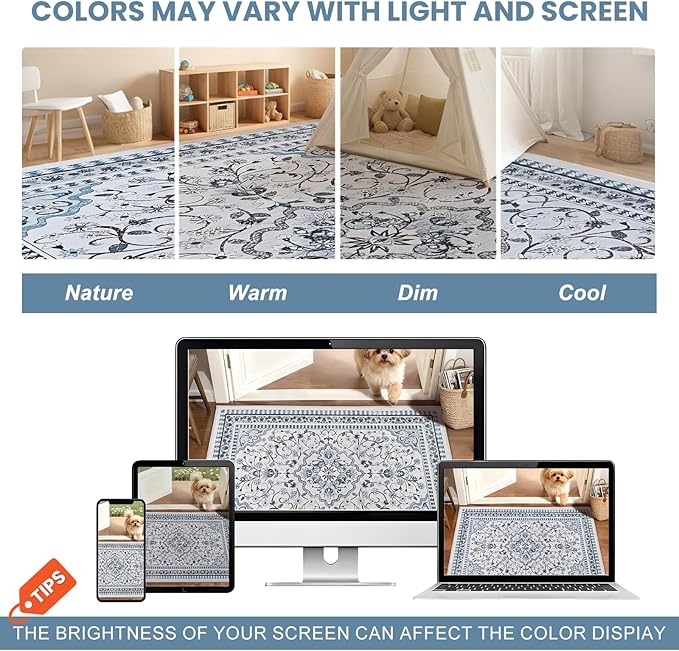 2' x 3' Blue Washable Area Rugs, Non-Slip Entryway Rug, Boho Low Pile Door Mat Indoor Entrance, Floral Medallion Pattern Vintage Rugs for Kitchen Bedroom Bathroom Laundry Living Room Farmhouse