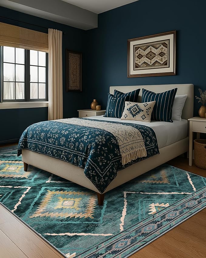 Area Rug 6x9 Rug Machine Washable Non-Slip Low Pile Print Pattern Western Rug for Living Room Bedroom Entryway Tribal Series -Teal/Green