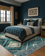 Area Rug 5x7 Rug Machine Washable Non-Slip Low Pile Print Pattern Western Rug for Living Room Bedroom Entryway Tribal Series -Teal/Green