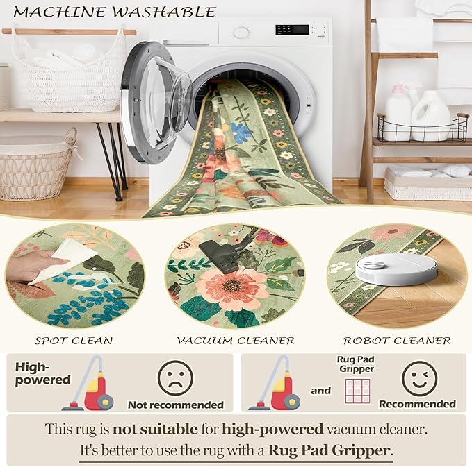 Floral 3x5 Area Rug Machine Washable Soft Print Boho Carpet Non Slip Doormat Low Pile Flower Area Rugs for Living Room Bedroom Nursery Kitchen Dining Room Indoor-Light Green