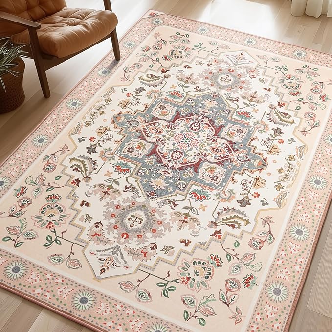Phantoscope Washable Area Rug 8'x10' Non-Slip, Vintage Boho Rugs for Living Room, Bedroom, Dining Room, Persian Floral Medallion Pattern, Low-Pile Foldable Floor Carpet, Ivory Rose/Fall Bloom