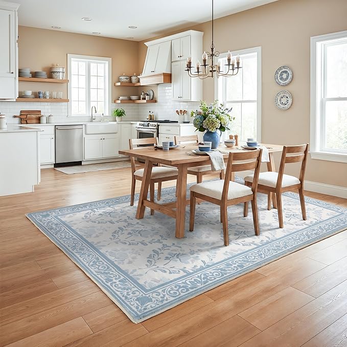 SOULFUL Medium Pile 8x10 Rugs for Living Room - Soft Underfoot Large Area Rug - Mist Blue Boho Floral - Washable Non-Slip - Perfect for Bedroom Kids Room Under Dining Table Office