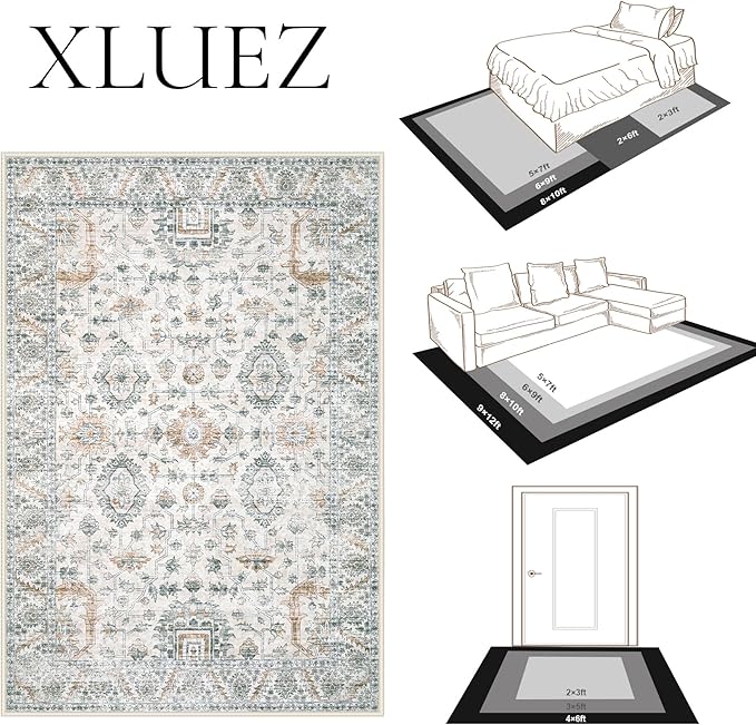 Area Rug 10x12 Living Room Rugs, Machine Washable Vintage Distressed Boho Area Rug Non-Slip Soft Low Pile Large Indoor Rugs for Bedroom Kitchen Dining Room Office(Brown Green,10'x12')