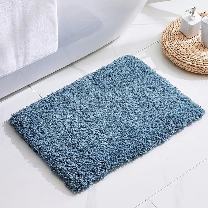 Small Bathroom Rug 17x24 Non Slip Blue Fluffy Bath Mat for Bathroom Floor Washable Plush Luxury Bath Rug for Tub Soft Shaggy Absorbent Shower Mat