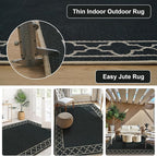 OJIA Easy Jute Outdoor Area Rug 8x10, Large Patio Rug Washable Living Room Rug Farmhouse Indoor Outdoor Carpet Bordered Modern Non-Slip Black Rugs for Bedroom Backyard Deck Decor
