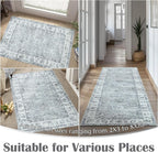 jinchan Fiora Washable Area Rug 3x5 Entryway Rug - Distressed Vintage Floral Ultra-Thin Low-Pile Soft Non-Shedding Indoor Floor Carpet for Kitchen Bedroom Entrance Laundry Living Room(3x5ft, Grey)