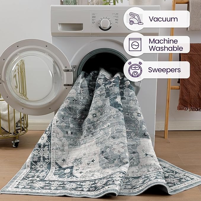 DEXI 9x12 Area Rug for Living Room, Washable Vintage Farmhouse Thin Rug Indoor Floor, Non Slip Stain Resistant Low Pile Carpet for Dining Room Bedroom Office, Blue Grey