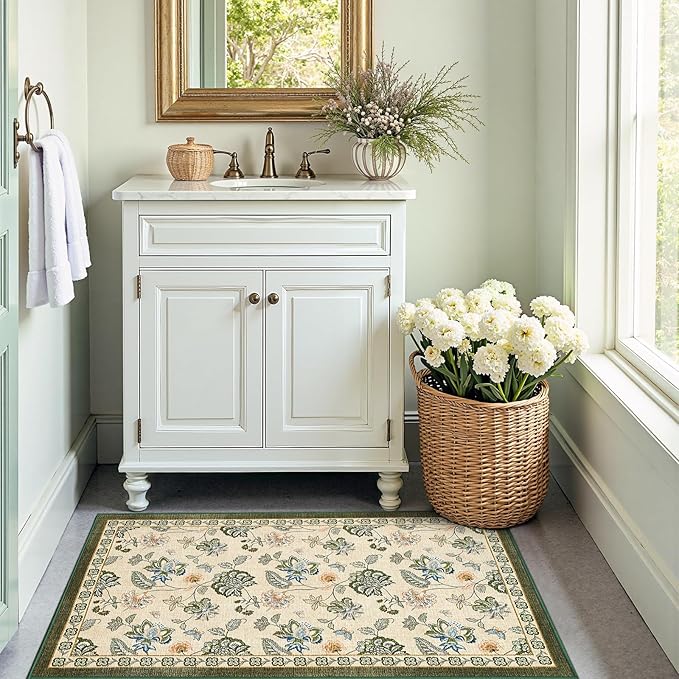 jinchan Elora 3x5 Floral Rug for Entryway Washable Kitchen Rug Vintage Romance Design Small Mat Non Slip Indoor Doormat Lightweight Low-Profile Throw Carpet for Bathroom Laundry Room, Green/Beige