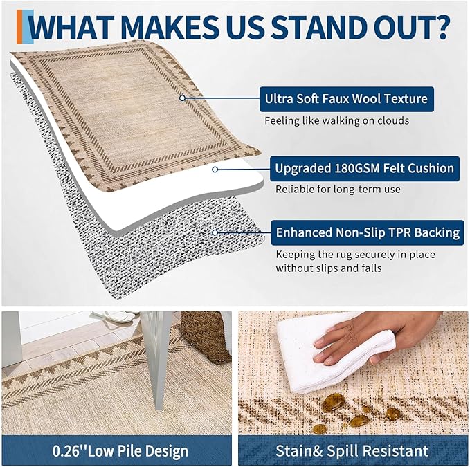 Bordered Printed Non Slip 2x6 Runner Rugs for Hallway Modern Geometric Washable Soft Long Kitchen Rug Stain Resistant Foldable Indoor Rug for Entryway Bedroom, Beige Brown