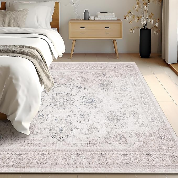 Phantoscope Washable Area Rug 8'x10' Non-Slip, Vintage Neutral Rugs for Living Room, Bedroom, Dining Room, Distressed Boho Floral Medallion Pattern, Low-Pile Foldable Floor Carpet, Cream Beige/Neutral